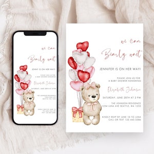 Bär-Baby-Dusche-Einladung, Bär-Thema-Baby-Dusche-Einladung, We Can Bearly Wait lädt ein, Baby-Bär-Einladung, rosa Bär-Baby-Dusche
