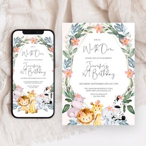EDITABLE Safari Birthday Invitation, Wild One 1st Birthday Invite, Safari Animals Party Invite Template, Jungle Animals Invitation