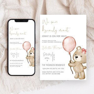 Bär-Baby-Dusche-Einladung, Bär-Thema-Baby-Dusche-Einladung, We Can Bearly Wait lädt ein, Baby-Bär-Einladung, rosa Bär-Baby-Dusche