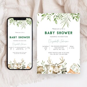 Modèle d&#39;Invitation de baby shower des bois, Invitation de verdure des bois, baby shower de forêt