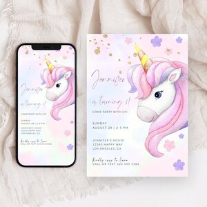 Unicorn Birthday Invitation Template, Unicorn Birthday Invite, Unicorn Party Invitation, Editable Invitation, Girl Birthday Invitation