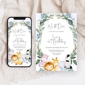 EDITABLE Safari Birthday Invitation, Wild One 1st Birthday Invite, Safari Animals Party Invite Template, Jungle Animals Invitation