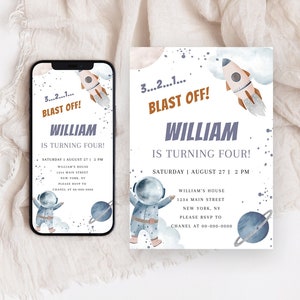 Editable Outer Space First Birthday Invitation, Galaxy Blast Off Printable Template, First Trip Around the Sun, Digital Download, Corjl