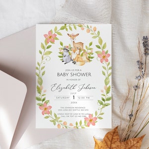 Woodland Baby Shower druckbare Einladung, Waldgrün, Waldtiere Baby Shower Einladung