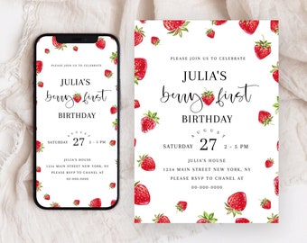 Editable Strawberry Birthday Invitation, Girl 1st Birthday Invitation Template, Berry First Birthday Invitation, Printable Template, Corjl