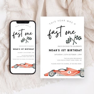 FAST ONE erste Geburtstagseinladung, Rennauto-Einladung, Rennauto 1. Geburtstagseinladung, bearbeitbare digitale Vorlage, Corjl