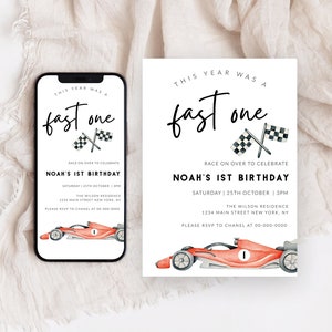 FAST ONE First Birthday Invitation, Race Car Invitation, Race Car 1st Birthday Invitation, Editable Digital Template,  Corjl