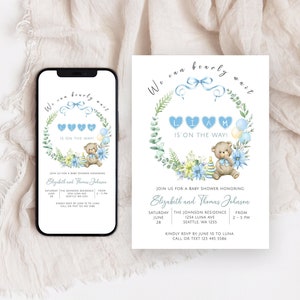 Bären-Babyparty-Einladung, Bären-Thema-Babyparty-Einladung, We Can Bearly Wait-Einladungen, Babybären-Einladung, Blauer Bär-Babyparty