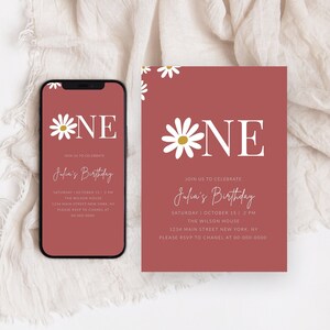 Retro Daisy First Birthday Party Invitation, 1st birthday invitation, Daisy Girl Birthday Invite, Floral Digital invite Printable Template