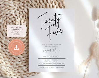 Editable Birthday Party Digital Invitation, 25th Birthday Invitation, Twenty five Birthday, Mobile Phone Invitation, Surprise party, Corjl