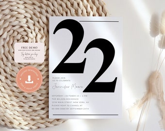 22nd Birthday Invitation, Twenty Two 22nd Birthday Party Digital Invitation, Modern Birthday Invitation, Editable Birthday Invitation, Corjl