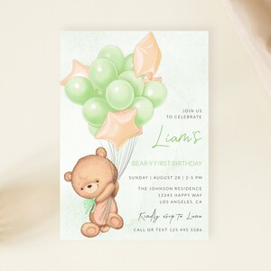Bear Balloon Invitation, Beary 1st Birthday, Cute Bear Birthday, Teddy Printable Invitation, Green Balloon