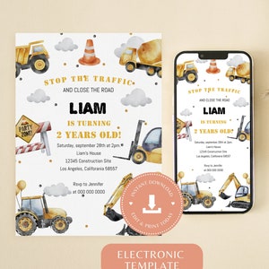 Construction Birthday Invitation, Dump Truck Invite, Yellow Dump Truck, Construction Party, Digger Birthday, Bulldozer