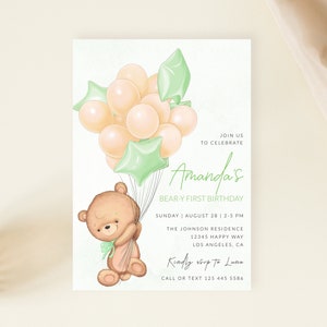 Bear Balloon Invitation, Beary 1st Birthday, Cute Bear Birthday, Teddy Printable Invitation, Neutral Balloon