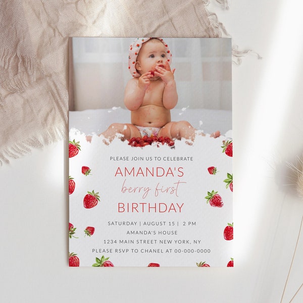 Editable Strawberry Birthday Invitation, Girl 1st Birthday Invitation Template, Berry First Birthday Invitation, Printable Template, Corjl