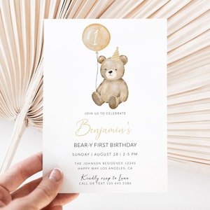 Bär-Geburtstags-Einladung, 1. Geburtstag einladen, Teddybär-Einladung, Printable sofortiger Download