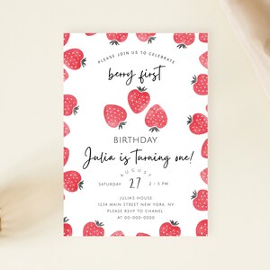 Berry First Birthday Invitation, Girl 1st Birthday Invitation Template, Berry Sweet Invite, Strawberry Party