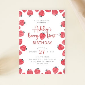 Berry First Birthday Invitation, Girl 1st Birthday Invitation Template, Berry Sweet Invite, Strawberry Party