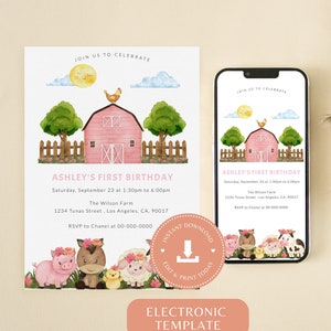 Farm Birthday Party Invitation Template, Farm Animals Birthday Invitation, Pink Barnyard Animals, Printable, Instant download, Corjl