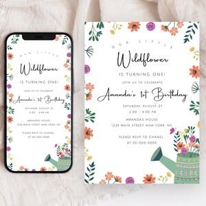 Wildflower 1st Birthday Party Invitation Template, Girl Floral Birthday Printable, Colorful Invitation