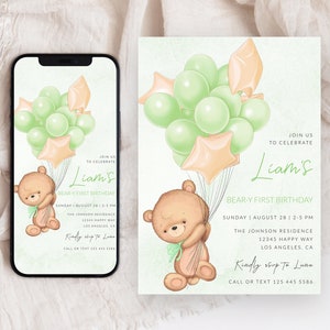 Bear Balloon Invitation, Beary 1st Birthday, Cute Bear Birthday, Teddy Printable Invitation, Green Balloon