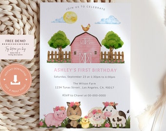 Farm Birthday Party Invitation Template, Farm Animals Birthday Invitation, Pink Barnyard Animals, Printable, Instant download, Corjl