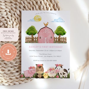Farm Birthday Party Invitation Template, Farm Animals Birthday Invitation, Pink Barnyard Animals, Printable, Instant download, Corjl