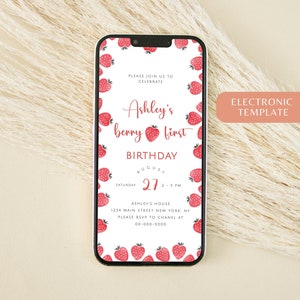 Strawberry Birthday Invitation, Girl 1st Birthday Invitation Template, Strawberry Theme, Printable Strawberry