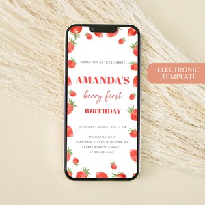 Strawberry Birthday Invitation, Girl 1st Birthday Invitation Template, Strawberry Theme, Printable Strawberry