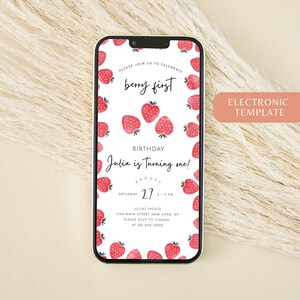 Strawberry Birthday Invitation, Girl 1st Birthday Invitation Template, Strawberry Theme, Printable Strawberry