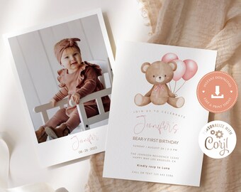 Editable First Birthday Photo Invitation, Cute Bear Birthday, Bear Balloon Invitation, Teddy Printable Invitation
