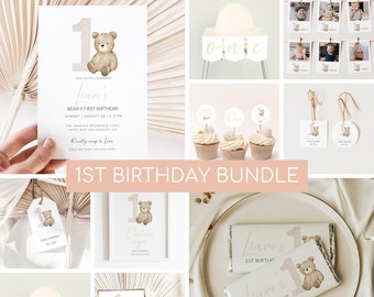 Beary First Birthday Invitation, Bear Birthday Invitation Bundle, Teddy Bear Party Decorations