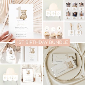 Beary First Birthday Invitation, Bear Birthday Invitation Bundle, Teddy Bear Party Decorations