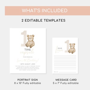 Bear Time Capsule, Beary First Birthday Time Capsule Printable Template ...