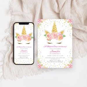 Unicorn Birthday Invitation Template, Unicorn Birthday Invite, Unicorn Party Invitation, Editable Invitation, Girl Birthday Invitation