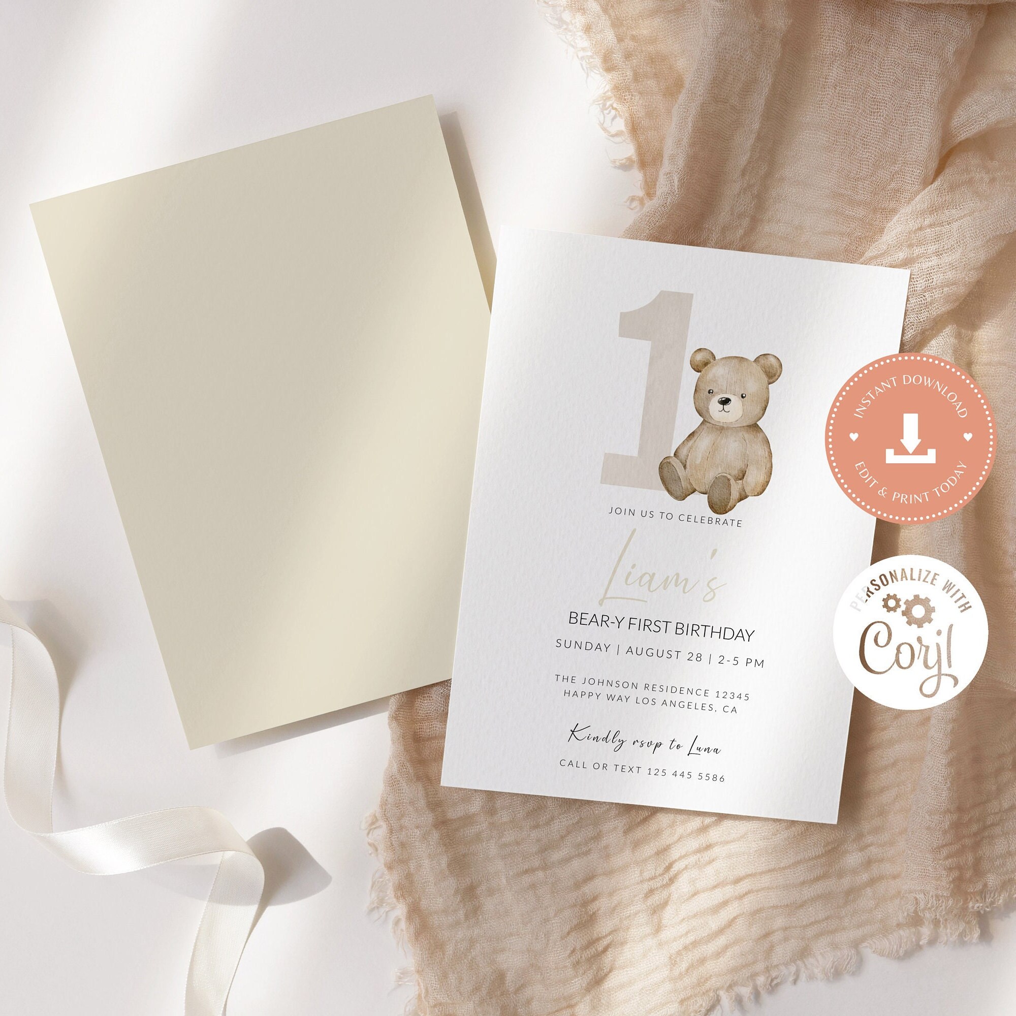 Bear Birthday Invitation Beary 1st Birthday Invite Teddy - Etsy