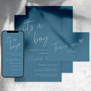 Elektronische baby shower uitnodiging, blauwe baby jongen douche uitnodiging, bewerkbare telefoon sjabloon, jongen uitnodiging set, digitale Evite, dank u kaart