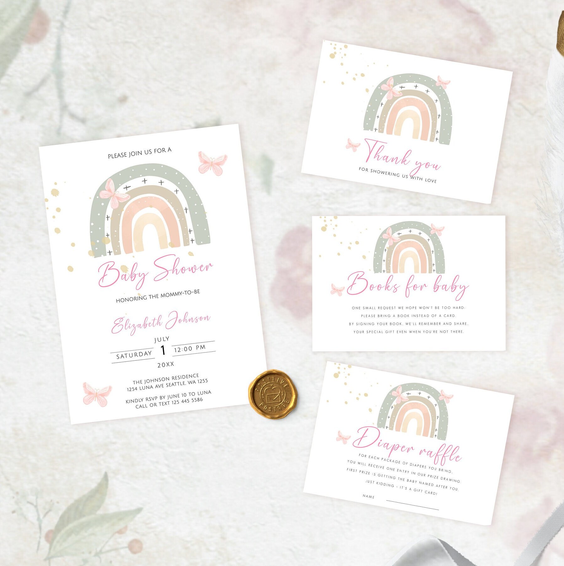 Rainbow Baby Shower Invitation Bundle, Boho Rainbow Baby Shower Invite ...