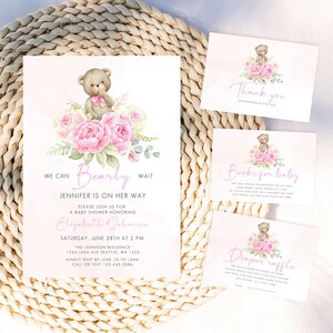 Plantilla de invitación de baby shower de oso de peluche, podemos esperar con paciencia, invitación de oso bebé, invitación de baby shower de oso boho, invitación de oso niña