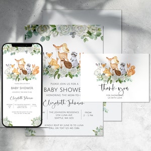 Woodland Baby Shower Invitation Set, Woodland Greenery, Forest Animals Baby Shower Invitation