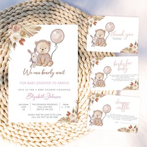 Plantilla de invitación de baby shower de oso de peluche, podemos esperar con paciencia, invitación de oso bebé, invitación de baby shower de oso boho, invitación de oso niña