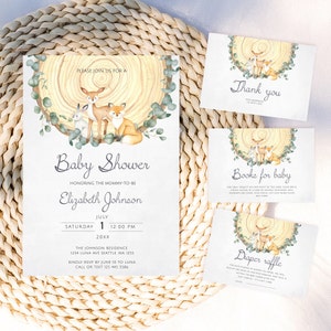 Faire-part imprimable pour baby shower des bois, verdure des bois, faire-part de baby shower animaux de la forêt