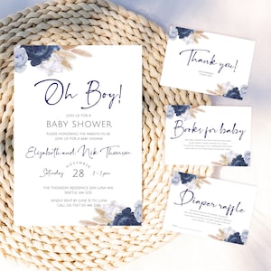 Boy Baby Shower Invitation, Blue Floral Baby Shower Invite, Invitation set, Greenery Boy Baby Shower, Printable Invitation Template