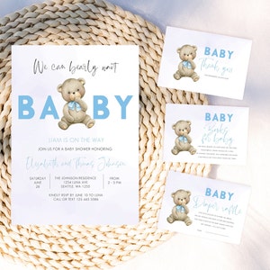 Teddybeer baby shower uitnodiging sjabloon, we kunnen Bearly wachten, Baby Bear uitnodigen, Boho Bear baby shower uitnodiging, Boy Bear uitnodigen