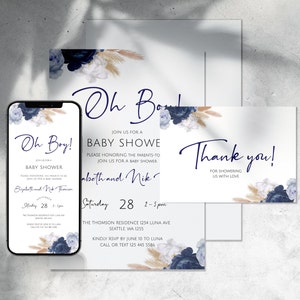 Elektronische baby shower uitnodiging, blauwe baby jongen douche uitnodiging, bewerkbare telefoon sjabloon, jongen uitnodiging set, digitale Evite, dank u kaart