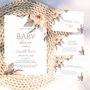 Invitación de baby shower boho, baby shower floral boho, invitación de baby shower boho, paquete de invitación de baby shower para niña imprimible