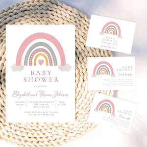 Rainbow Baby Shower invitation Bundle, Boho Rainbow Baby Shower invite, Editable Rainbow Invitation Set, Printable template Instant Download