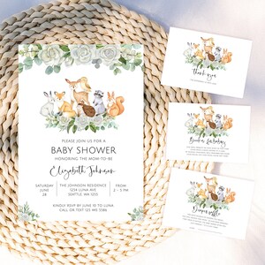 Wald-Baby-Dusche druckbare Einladung, Wald grün, Waldtiere Baby-Dusche-Einladung