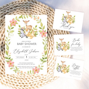 Faire-part imprimable pour baby shower des bois, verdure des bois, faire-part de baby shower animaux de la forêt