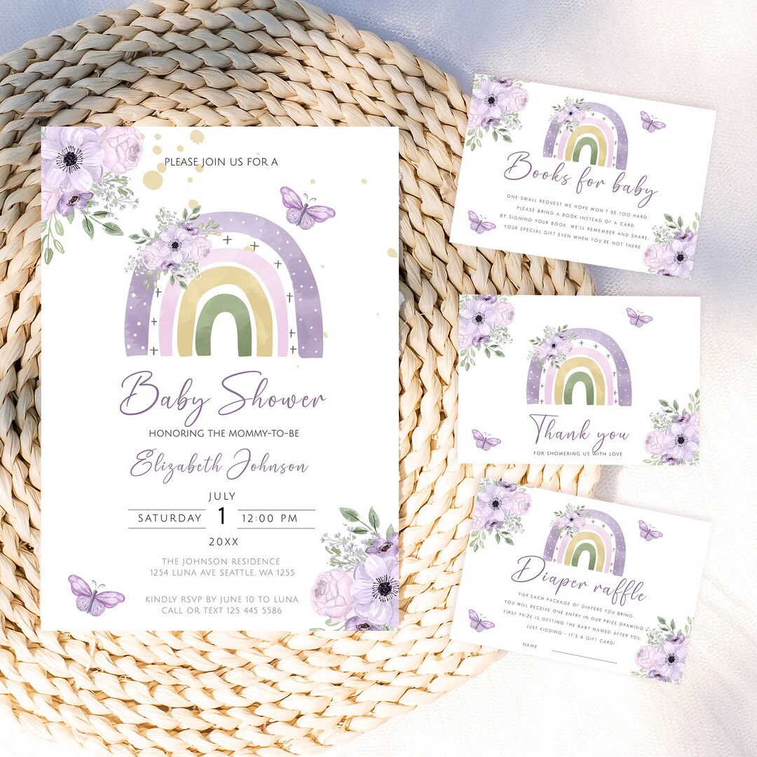 Rainbow Baby Shower Invitation Bundle, Boho Rainbow Baby Shower Invite ...